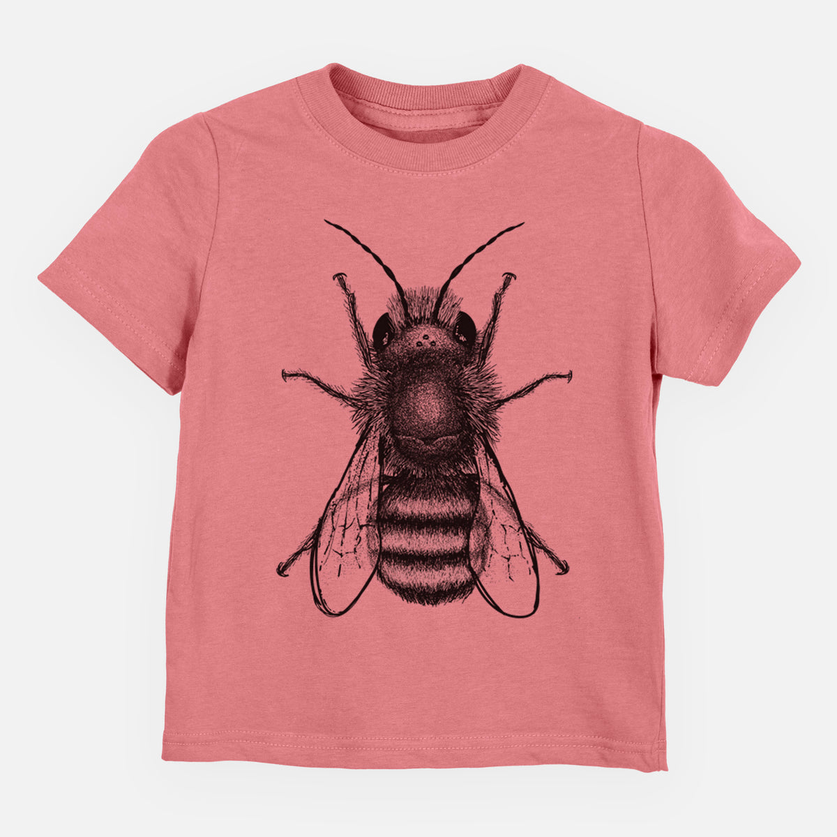 Mauve pink toddler t-shirt laid flat, printed with a detailed black ink illustration of a red mason bee with its wings spread, seen from above.