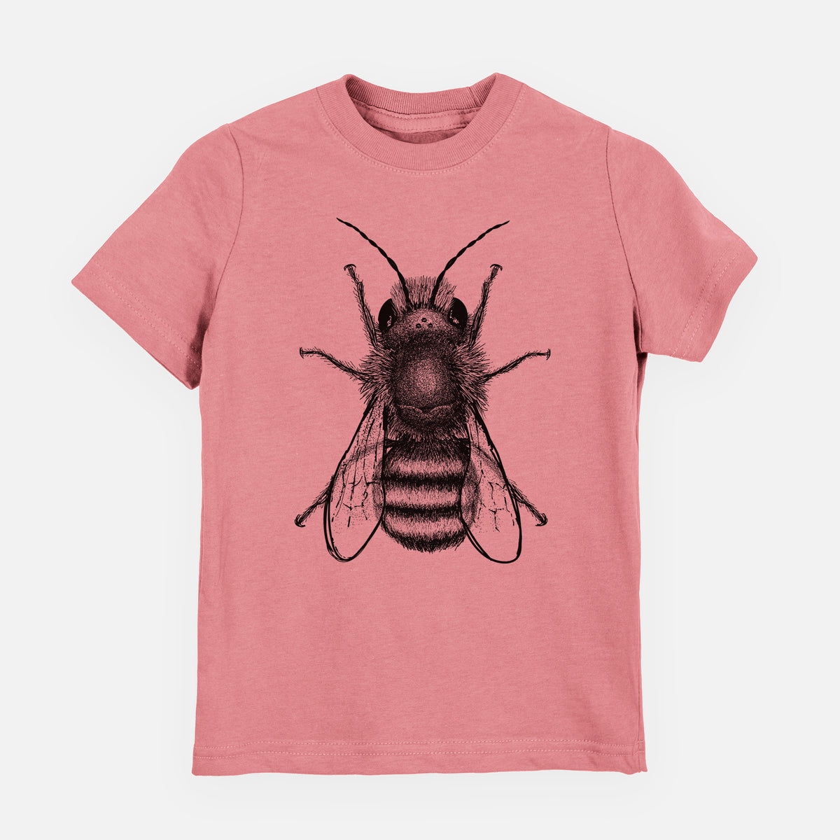 Mauve pink youth t-shirt laid flat, printed with a detailed black ink illustration of a red mason bee with its wings spread, seen from above.