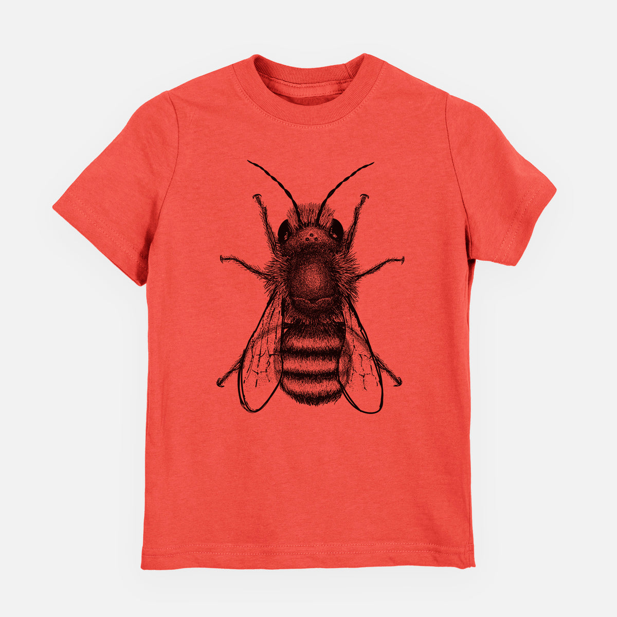 Passionfruit pink youth t-shirt laid flat, printed with a detailed black ink illustration of a red mason bee with its wings spread, seen from above.