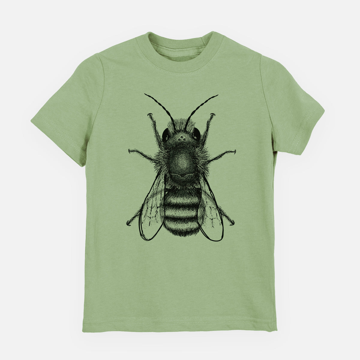 Sage green youth t-shirt laid flat, printed with a detailed black ink illustration of a red mason bee with its wings spread, seen from above.
