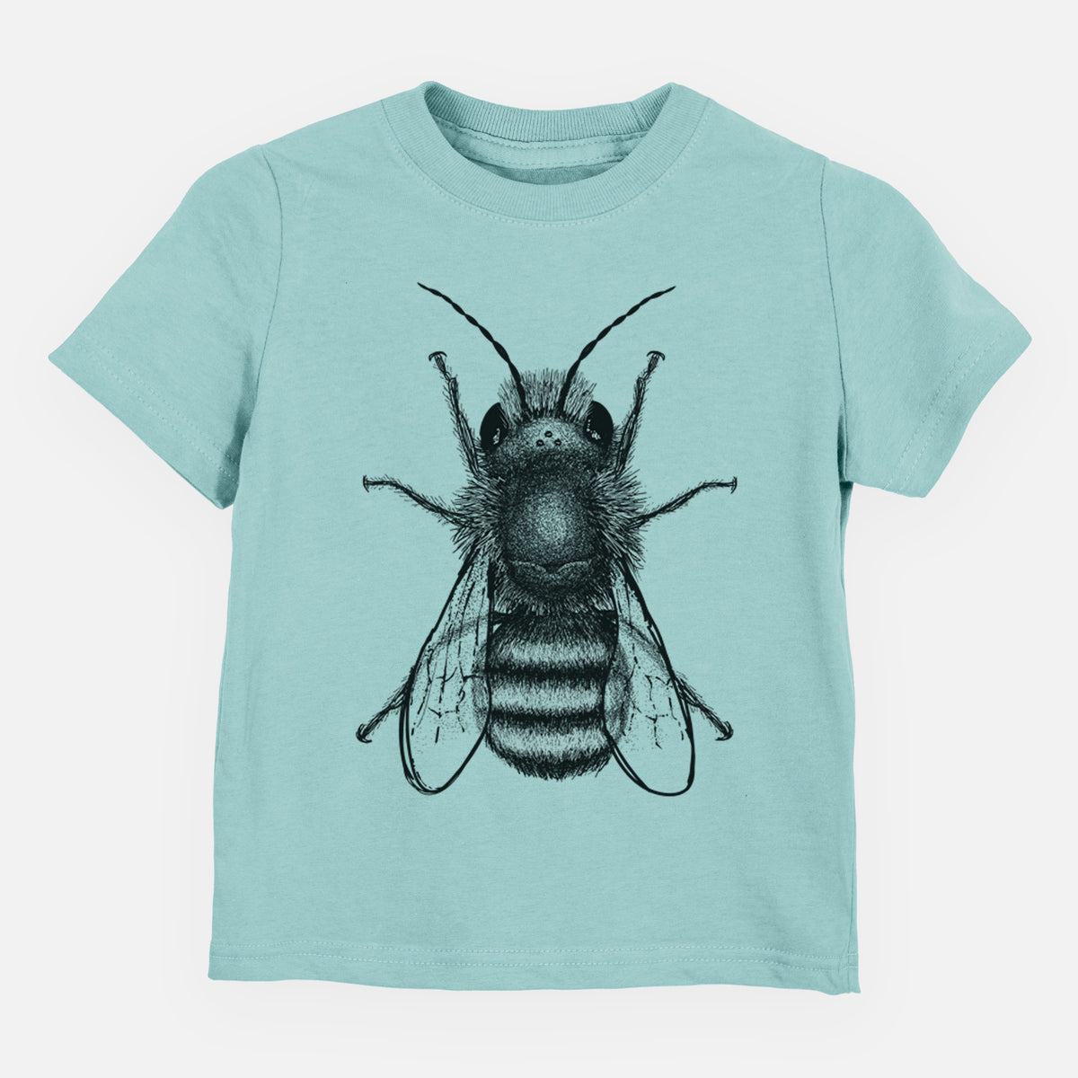 Saltwater toddler t-shirt laid flat, printed with a detailed black ink illustration of a red mason bee with its wings spread, seen from above.