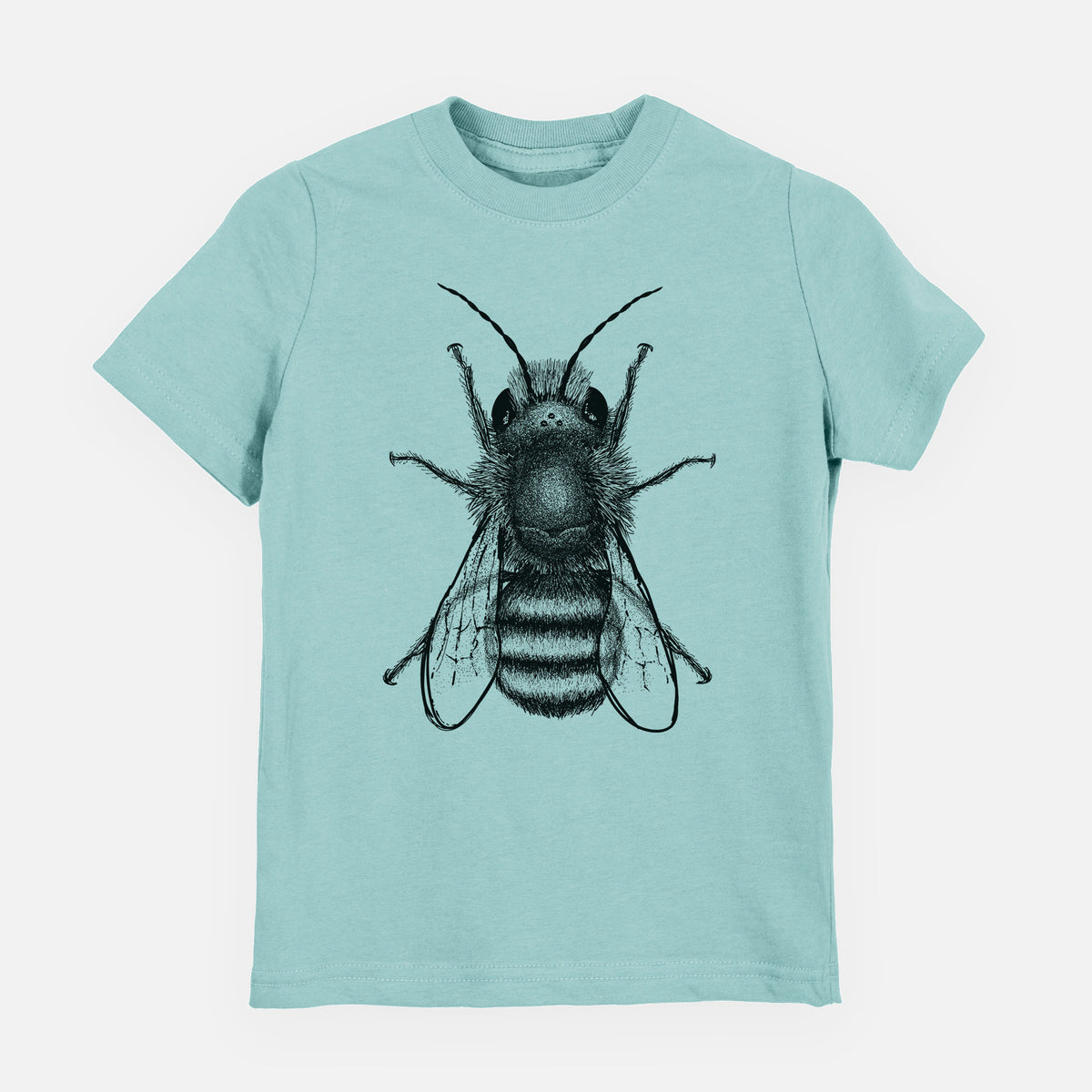 Saltwater youth t-shirt laid flat, printed with a detailed black ink illustration of a red mason bee with its wings spread, seen from above.