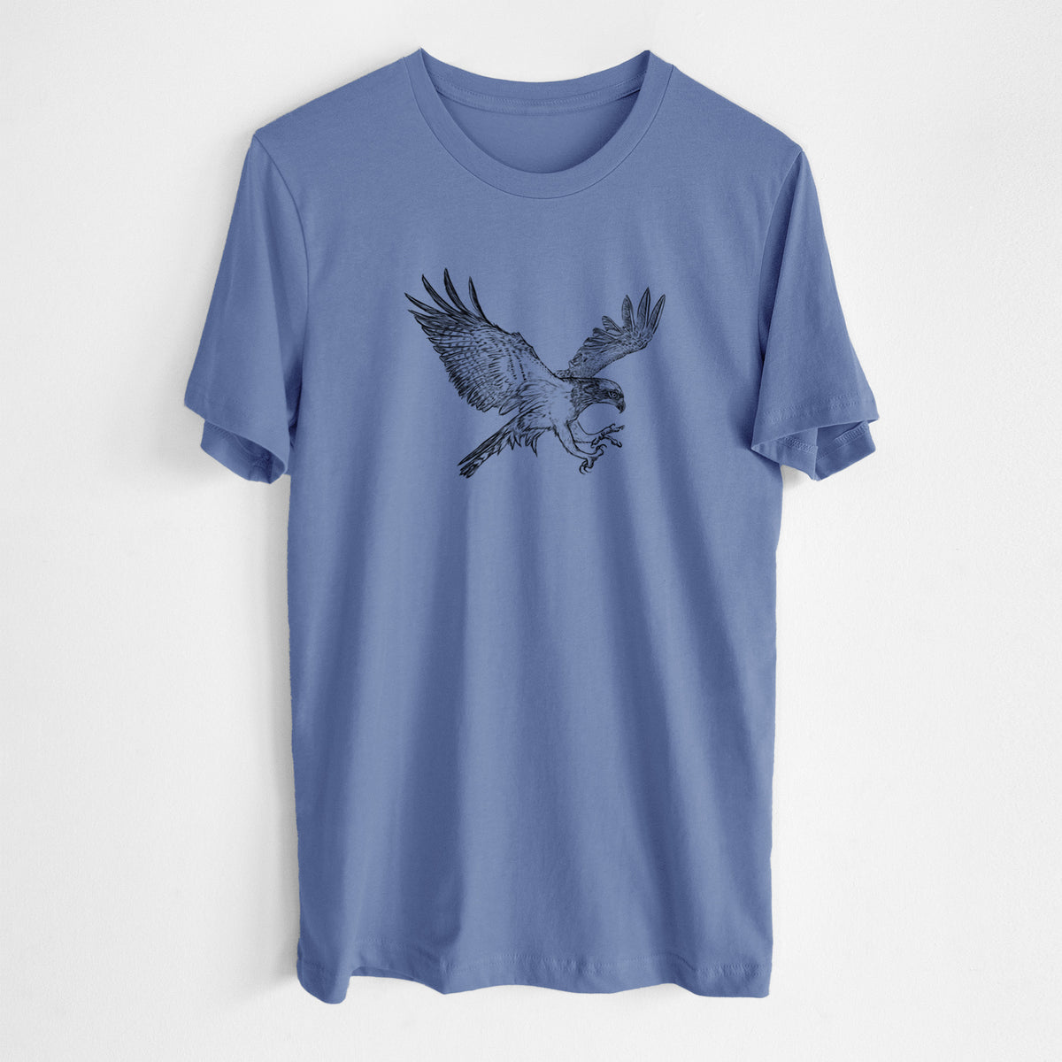 Blue bell lightweight cotton t-shirt laid flat, printed with a black ink illustration of an osprey in flight with its wings spread.
