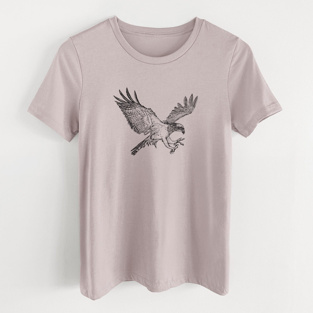 Pink gravel women's relaxed fit cotton t-shirt laid flat, printed with a black ink illustration of an osprey in flight with its wings spread.