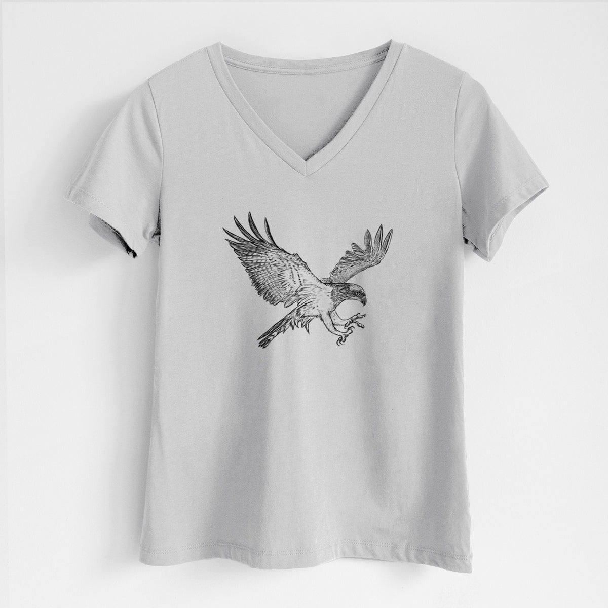 Lunar grey women's relaxed fit cotton V-neck t-shirt laid flat, printed with a black ink illustration of an osprey in flight with its wings spread.