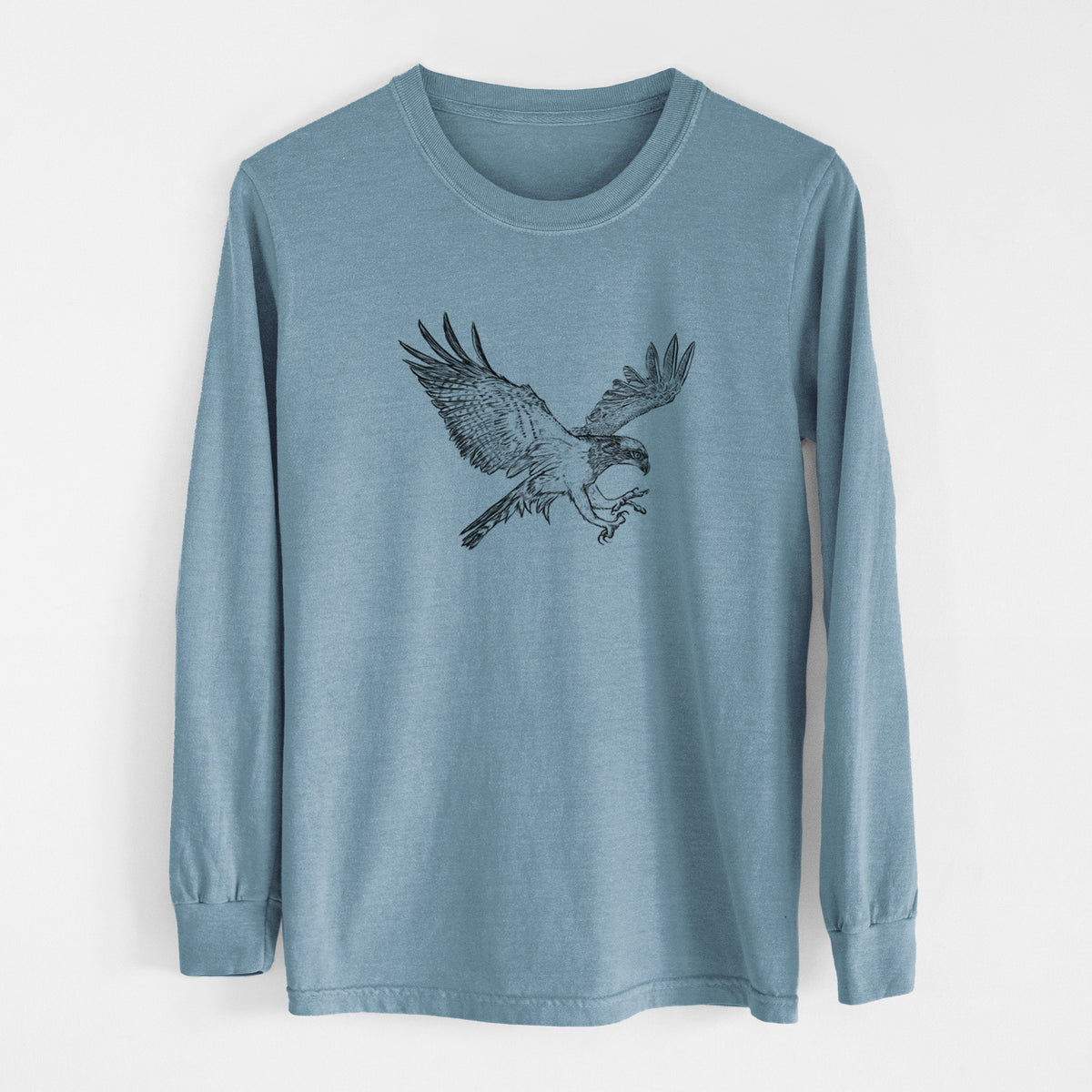 Steel blue Comfort Colors long sleeve shirt laid flat, printed with a black ink illustration of an osprey in flight with its wings spread.