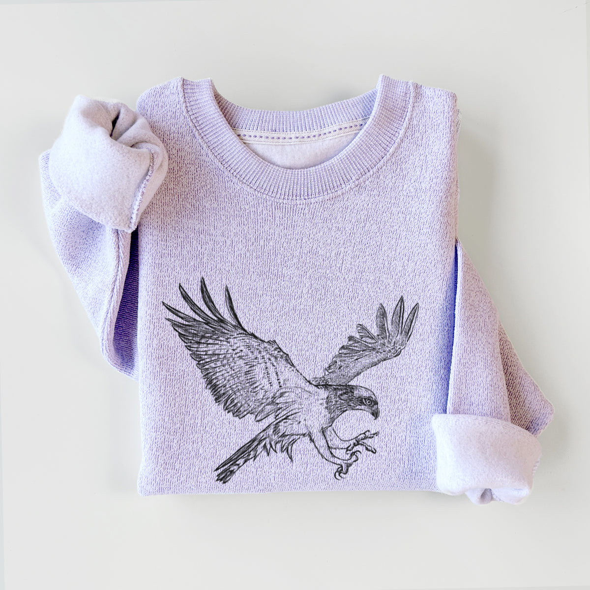 Ice purple knit sweatshirt printed with a black ink illustration of an osprey in flight with its wings spread, styled flat.