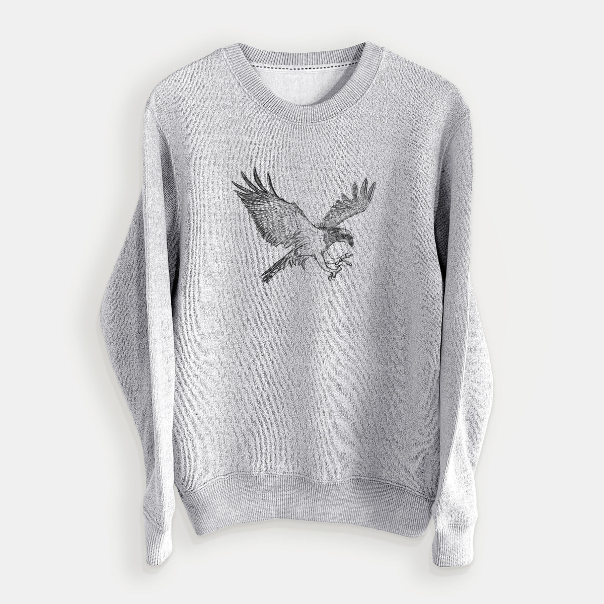 Salt and pepper knit sweatshirt laid flat, printed with a black ink illustration of an osprey in flight with its wings spread.