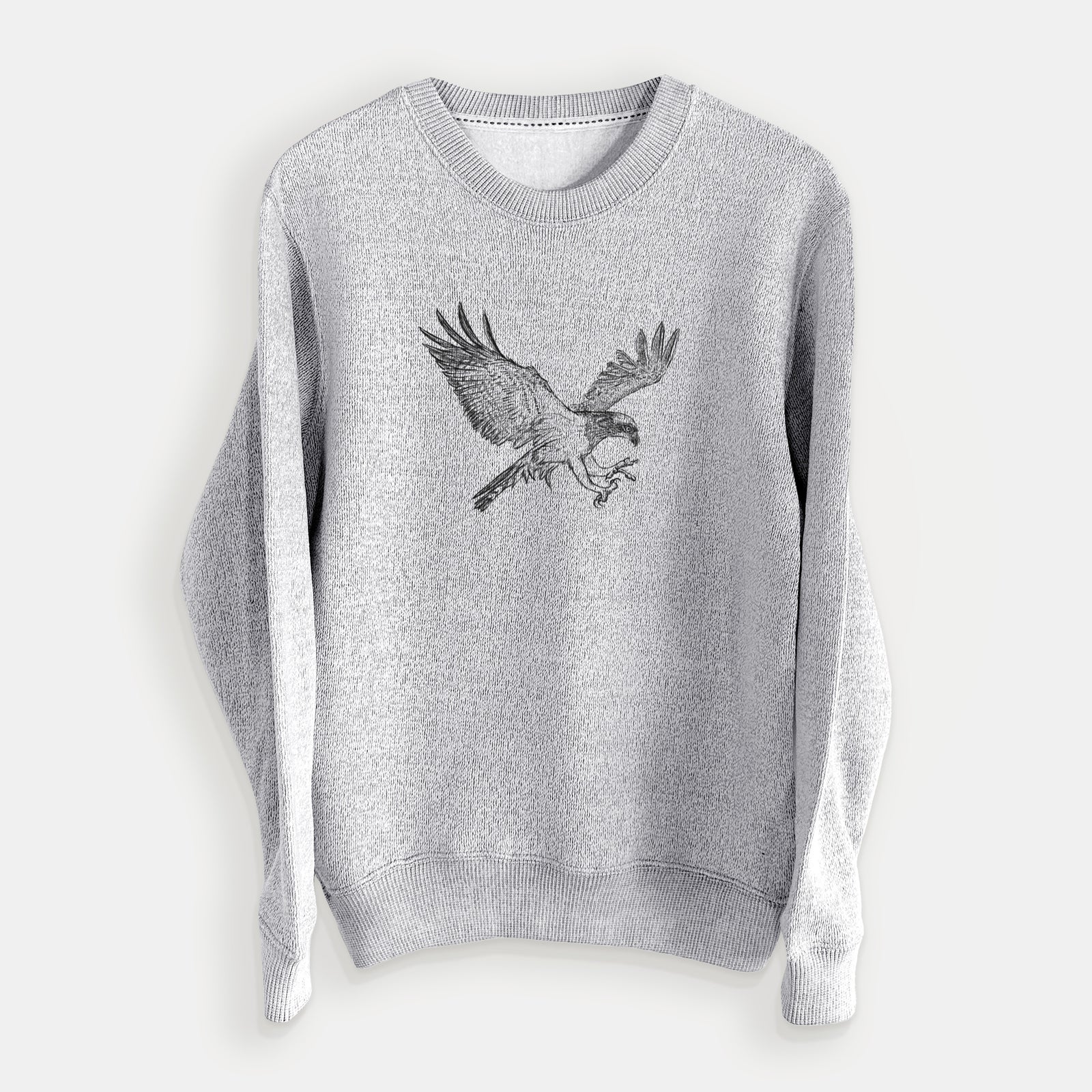 Salt and pepper knit sweatshirt laid flat, printed with a black ink illustration of an osprey in flight with its wings spread.