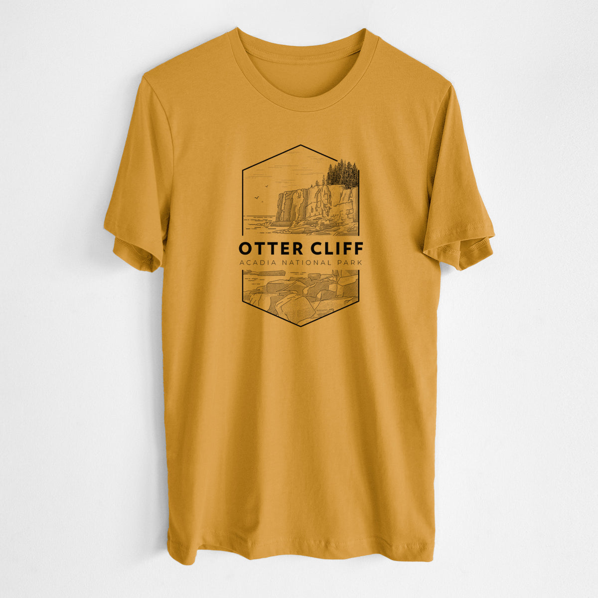 Honeycomb yellow lightweight cotton t-shirt laid flat, printed with a black line art badge of Otter Cliff above the ocean, with the words Otter Cliff, Acadia National Park.