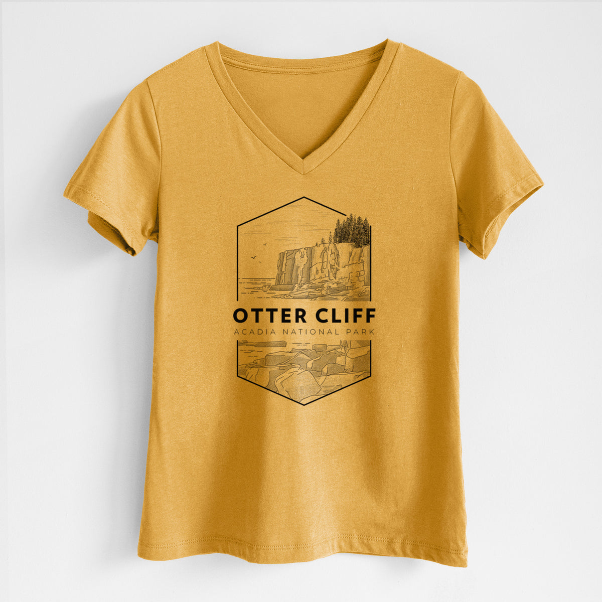 Honeycomb yellow women's relaxed fit cotton V-neck t-shirt laid flat, printed with a black line art badge of Otter Cliff above the ocean, with the words Otter Cliff, Acadia National Park.