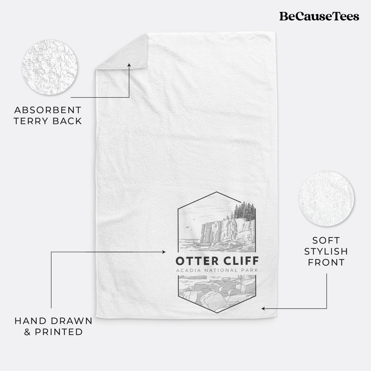 White hand towel printed with a black line art badge of Otter Cliff above the ocean, with the words Otter Cliff, Acadia National Park.