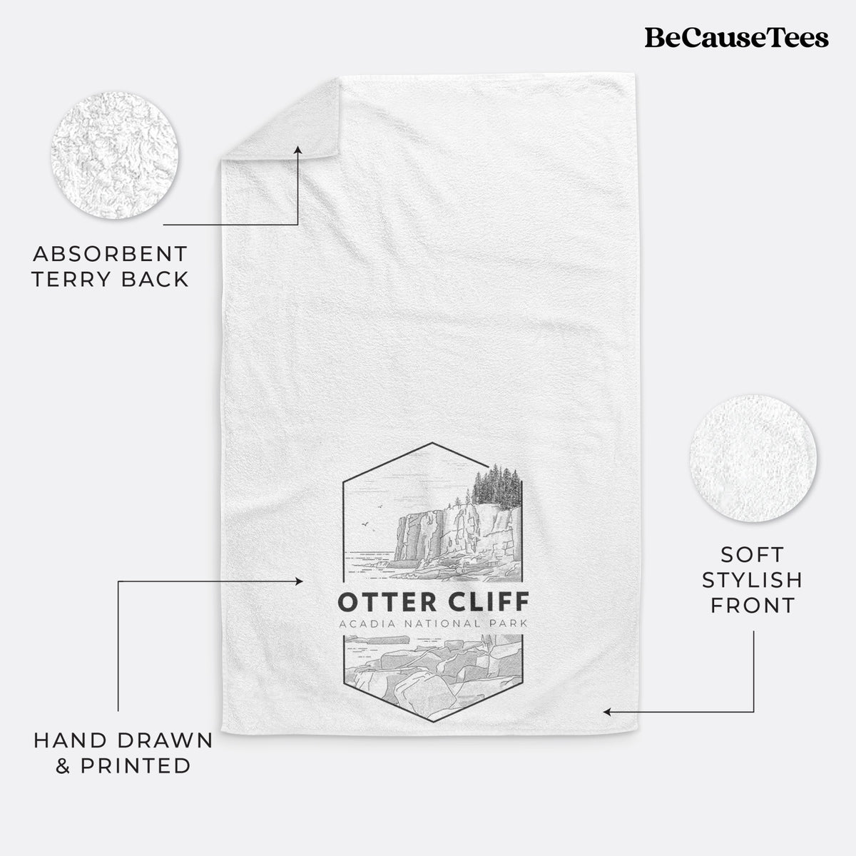White hand towel printed with a black line art badge of Otter Cliff above the ocean, with the words Otter Cliff, Acadia National Park.