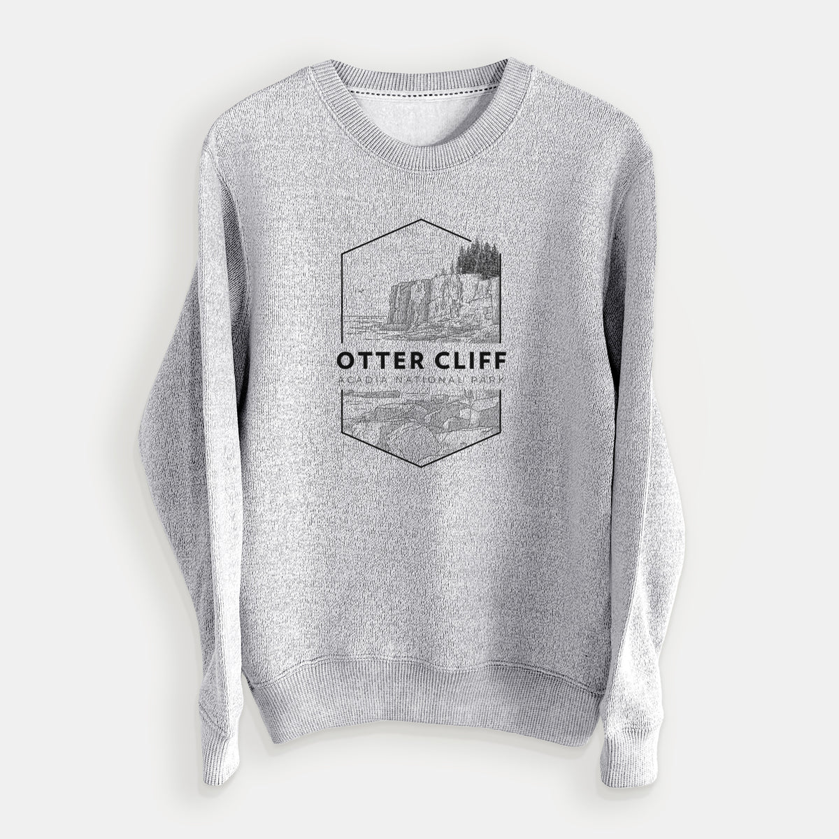 Salt and pepper knit sweatshirt laid flat, printed with a black line art badge of Otter Cliff above the ocean, with the words Otter Cliff, Acadia National Park.