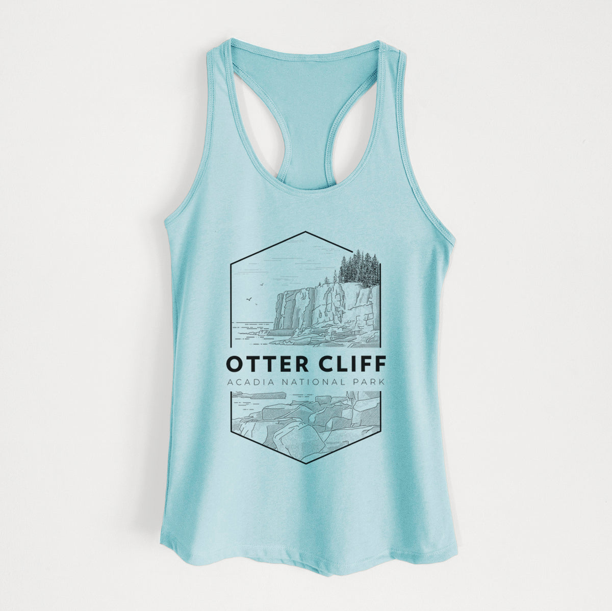 Cancun blue women's racerback tank top laid flat, printed with a black line art badge of Otter Cliff above the ocean, with the words Otter Cliff, Acadia National Park.