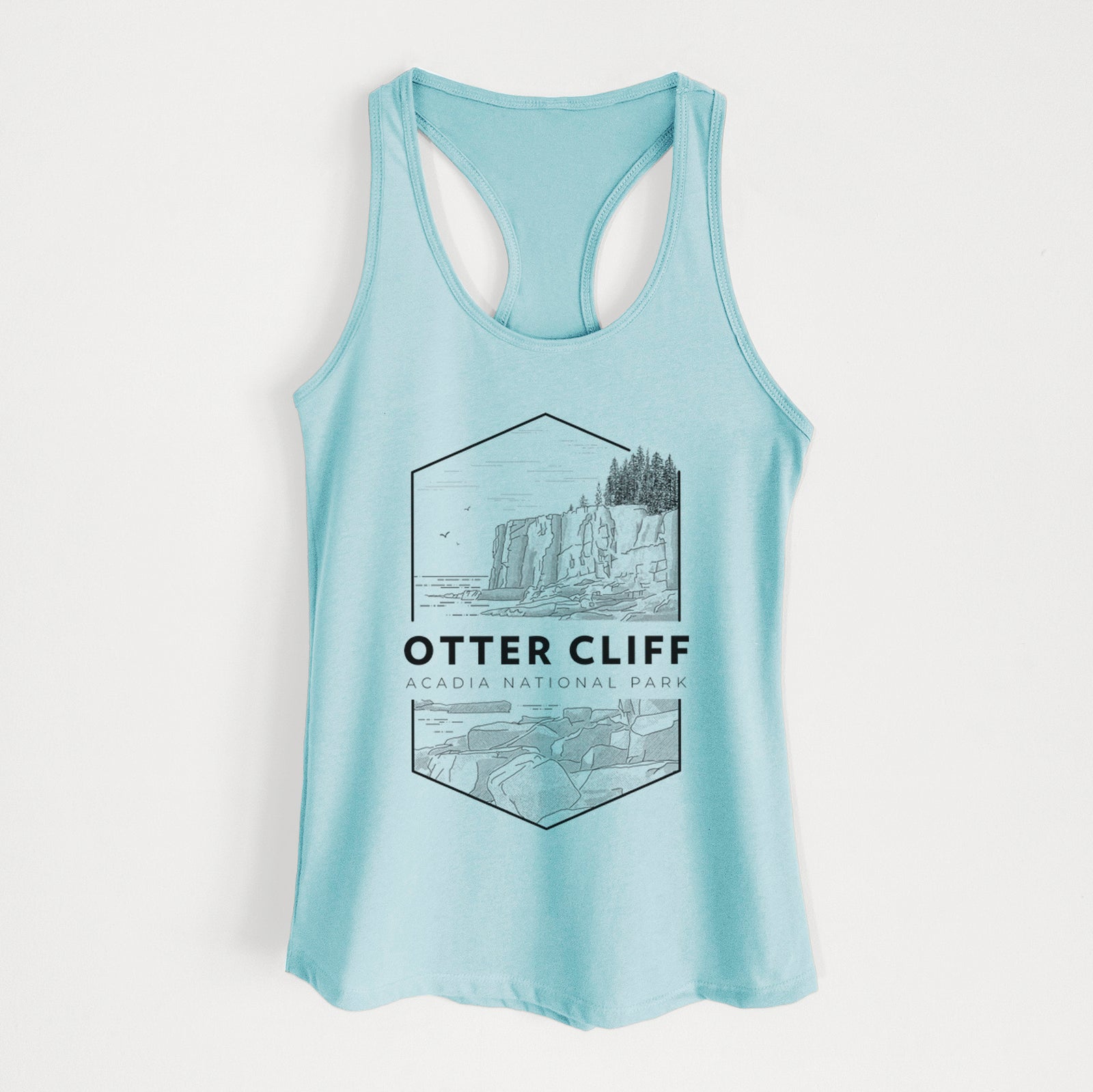 Banana cream women's racerback tank top laid flat, printed with a black line art badge of Otter Cliff above the ocean, with the words Otter Cliff, Acadia National Park.