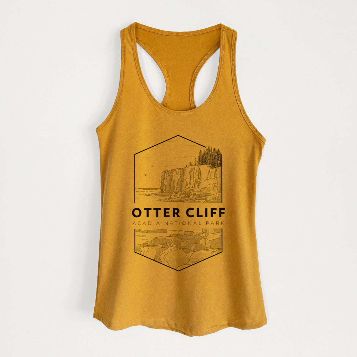Gold women's racerback tank top laid flat, printed with a black line art badge of Otter Cliff above the ocean, with the words Otter Cliff, Acadia National Park.