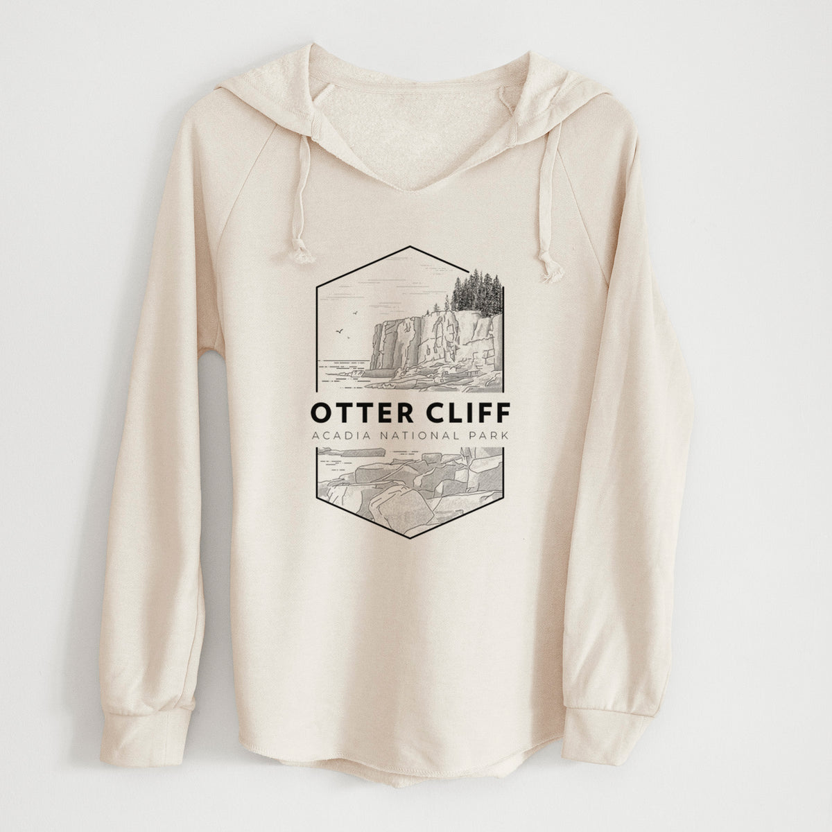 Bone cream women's Cali Wave hooded sweatshirt laid flat, printed with a black line art badge of Otter Cliff above the ocean, with the words Otter Cliff, Acadia National Park.
