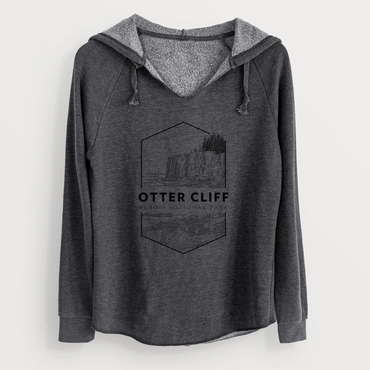 Charcoal grey women's Cali Wave hooded sweatshirt laid flat, printed with a black line art badge of Otter Cliff above the ocean, with the words Otter Cliff, Acadia National Park.