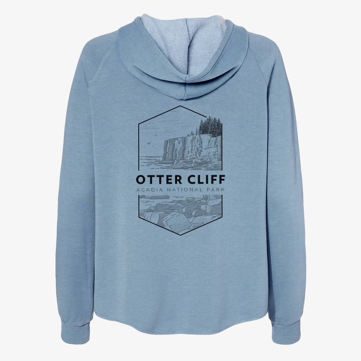 Misty blue women's Cali Wave zip-up sweatshirt laid flat, printed with a black line art badge of Otter Cliff above the ocean, with the words Otter Cliff, Acadia National Park.