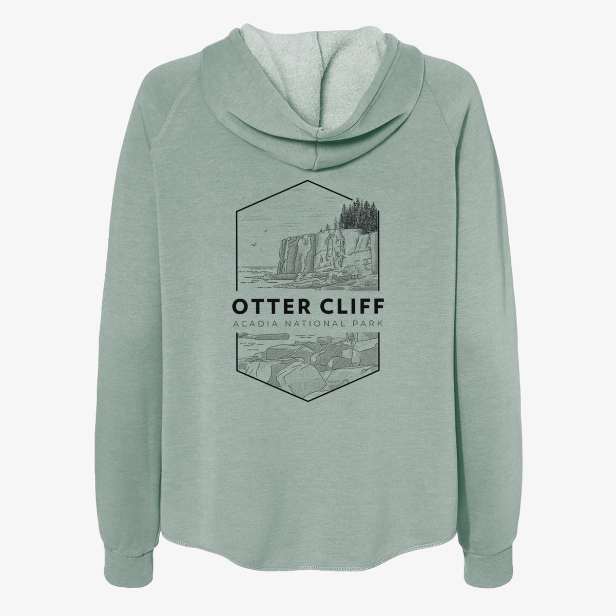 Sage green women's Cali Wave zip-up sweatshirt laid flat, printed with a black line art badge of Otter Cliff above the ocean, with the words Otter Cliff, Acadia National Park.