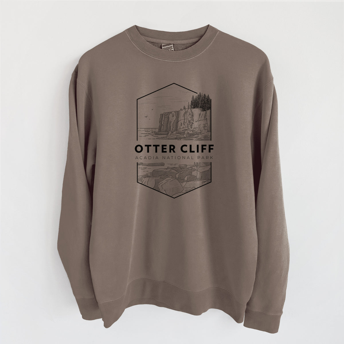 Otter Cliff - Acadia National Park - Unisex Pigment Dyed Crew Sweatshirt in Espresso Brown Color