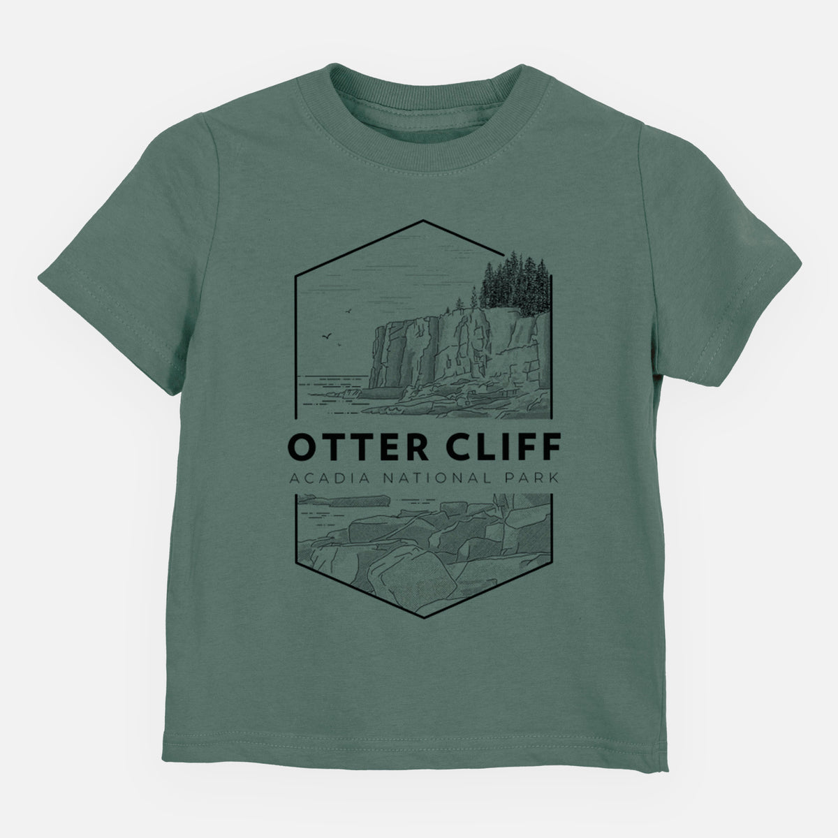 Basil green toddler t-shirt laid flat, printed with a black line art badge of Otter Cliff above the ocean, with the words Otter Cliff, Acadia National Park.