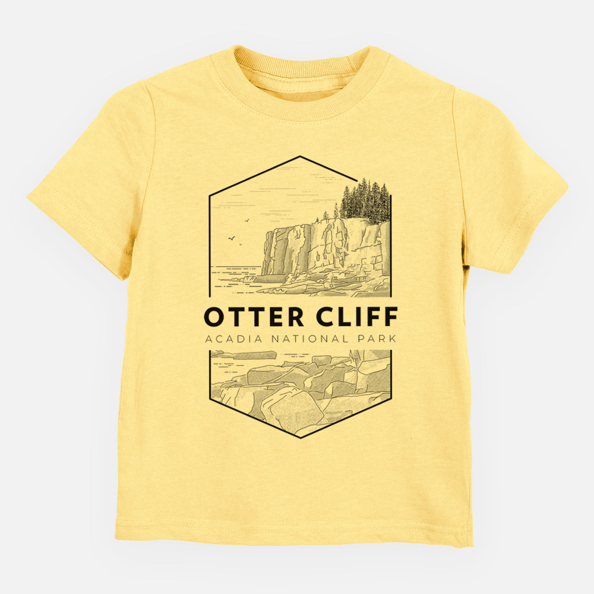 Butter yellow toddler t-shirt laid flat, printed with a black line art badge of Otter Cliff above the ocean, with the words Otter Cliff, Acadia National Park.