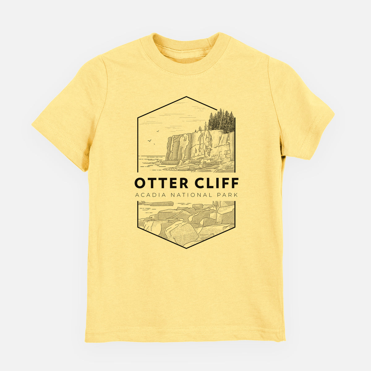 Butter yellow youth t-shirt laid flat, printed with a black line art badge of Otter Cliff above the ocean, with the words Otter Cliff, Acadia National Park.
