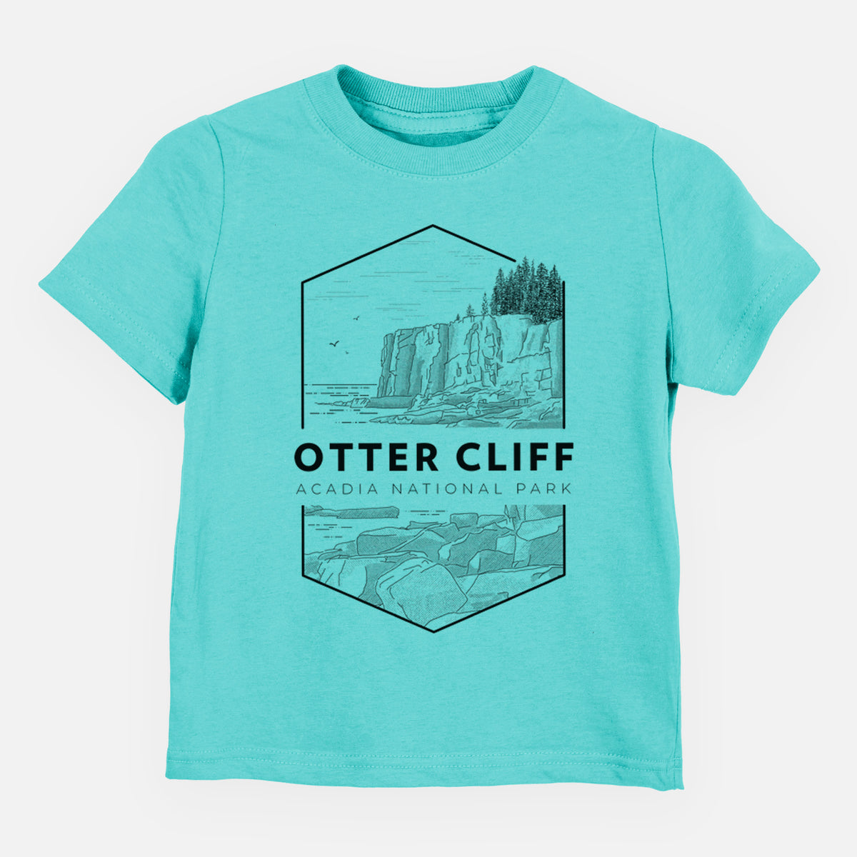 Caribbean blue toddler t-shirt laid flat, printed with a black line art badge of Otter Cliff above the ocean, with the words Otter Cliff, Acadia National Park.