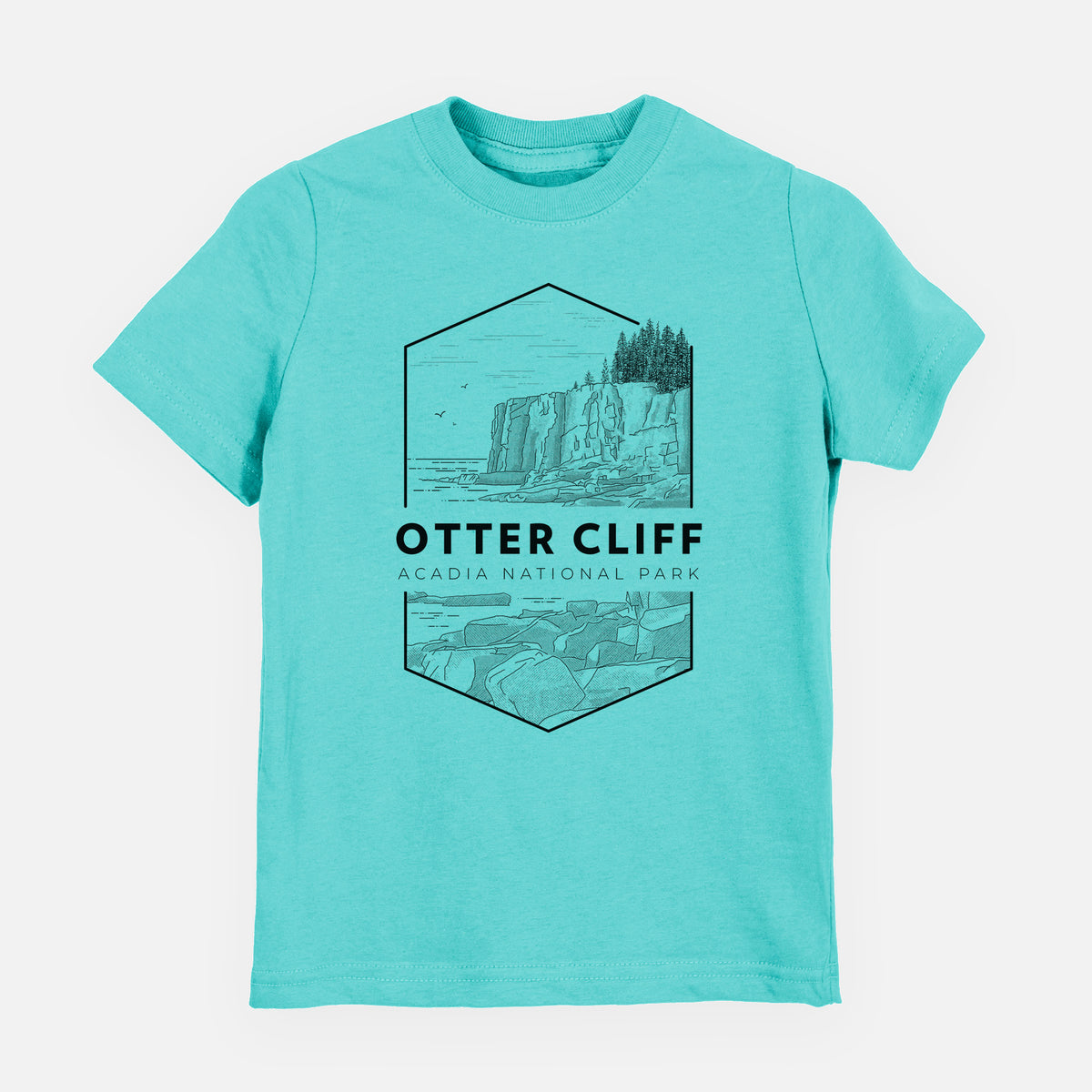 Caribbean blue youth t-shirt laid flat, printed with a black line art badge of Otter Cliff above the ocean, with the words Otter Cliff, Acadia National Park.