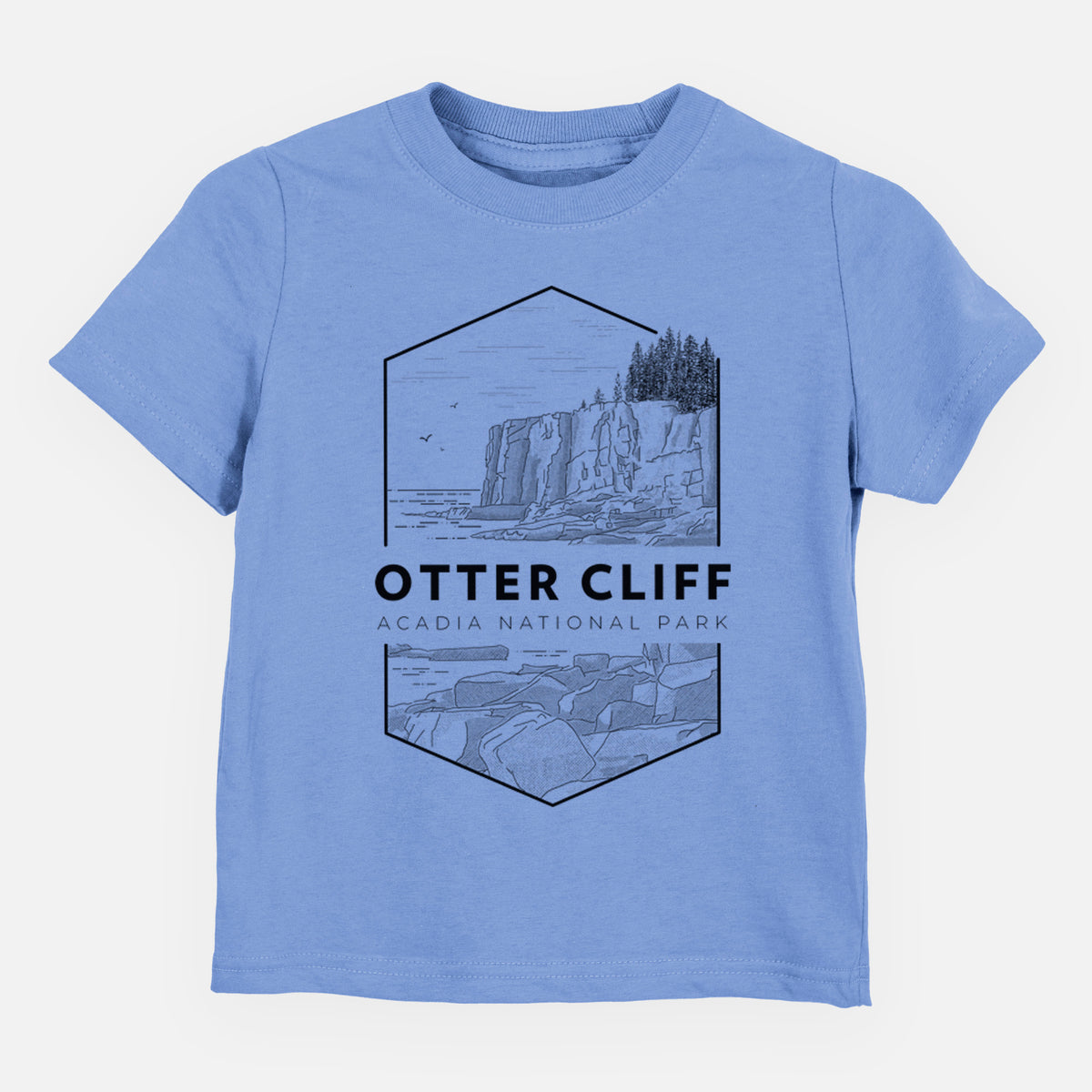 Carolina blue toddler t-shirt laid flat, printed with a black line art badge of Otter Cliff above the ocean, with the words Otter Cliff, Acadia National Park.