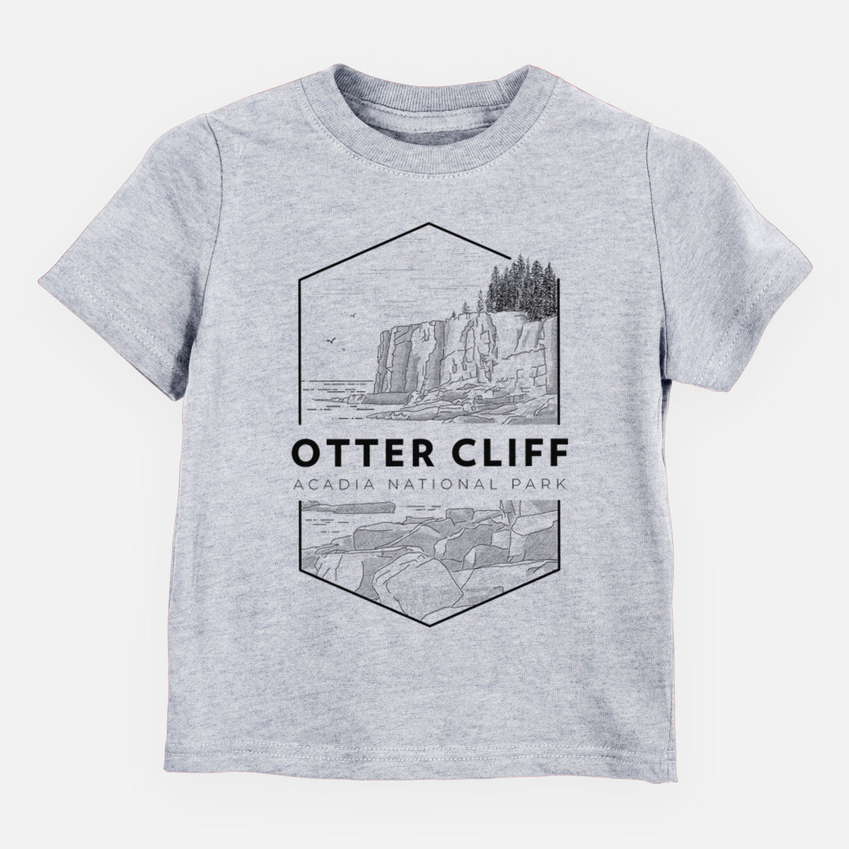 Heather grey toddler t-shirt laid flat, printed with a black line art badge of Otter Cliff above the ocean, with the words Otter Cliff, Acadia National Park.