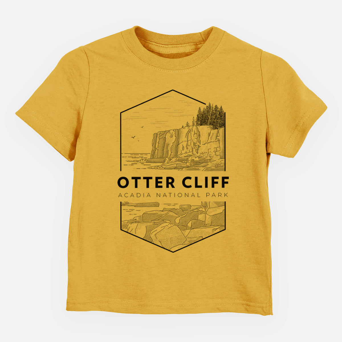 Honeycomb yellow toddler t-shirt laid flat, printed with a black line art badge of Otter Cliff above the ocean, with the words Otter Cliff, Acadia National Park.