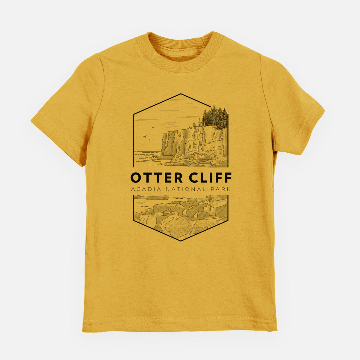 Honeycomb yellow youth t-shirt laid flat, printed with a black line art badge of Otter Cliff above the ocean, with the words Otter Cliff, Acadia National Park.