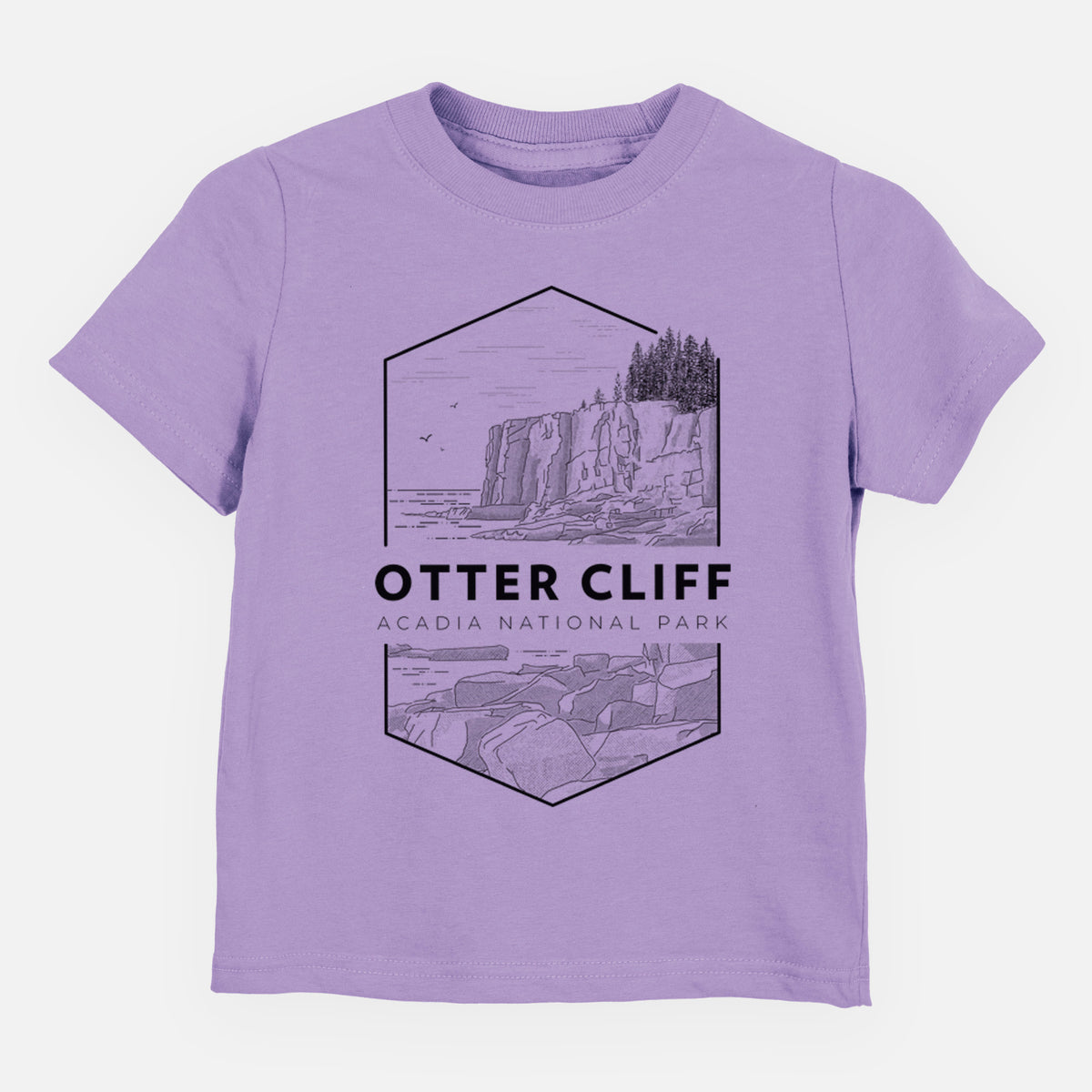 Lavender toddler t-shirt laid flat, printed with a black line art badge of Otter Cliff above the ocean, with the words Otter Cliff, Acadia National Park.