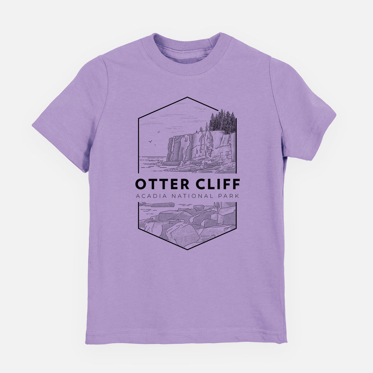 Lavender youth t-shirt laid flat, printed with a black line art badge of Otter Cliff above the ocean, with the words Otter Cliff, Acadia National Park.