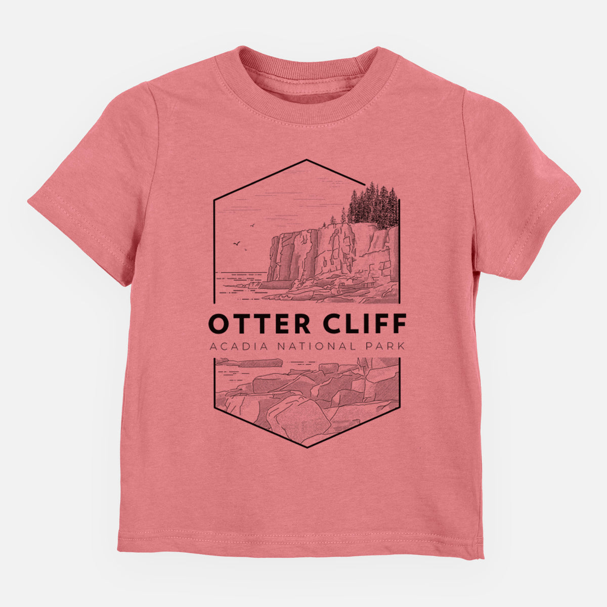 Mauve pink toddler t-shirt laid flat, printed with a black line art badge of Otter Cliff above the ocean, with the words Otter Cliff, Acadia National Park.