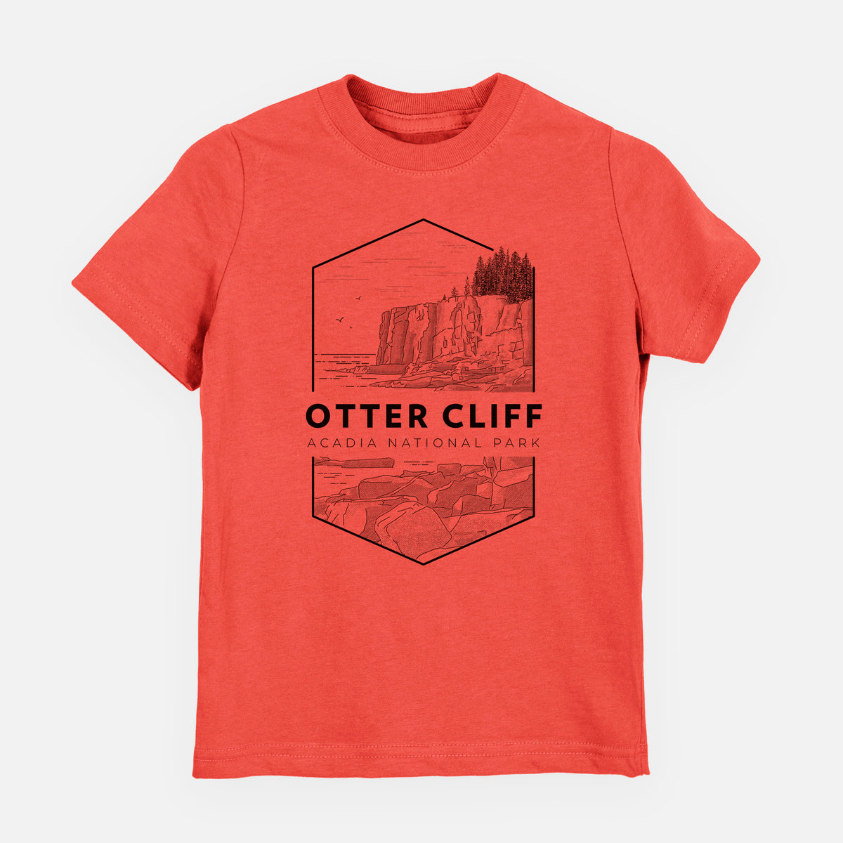 Passionfruit pink youth t-shirt laid flat, printed with a black line art badge of Otter Cliff above the ocean, with the words Otter Cliff, Acadia National Park.