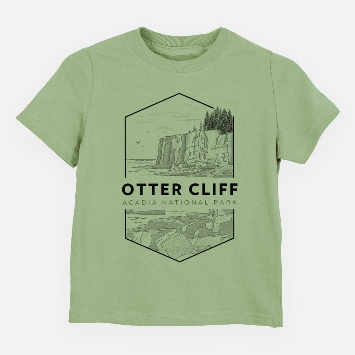 Sage green toddler t-shirt laid flat, printed with a black line art badge of Otter Cliff above the ocean, with the words Otter Cliff, Acadia National Park.