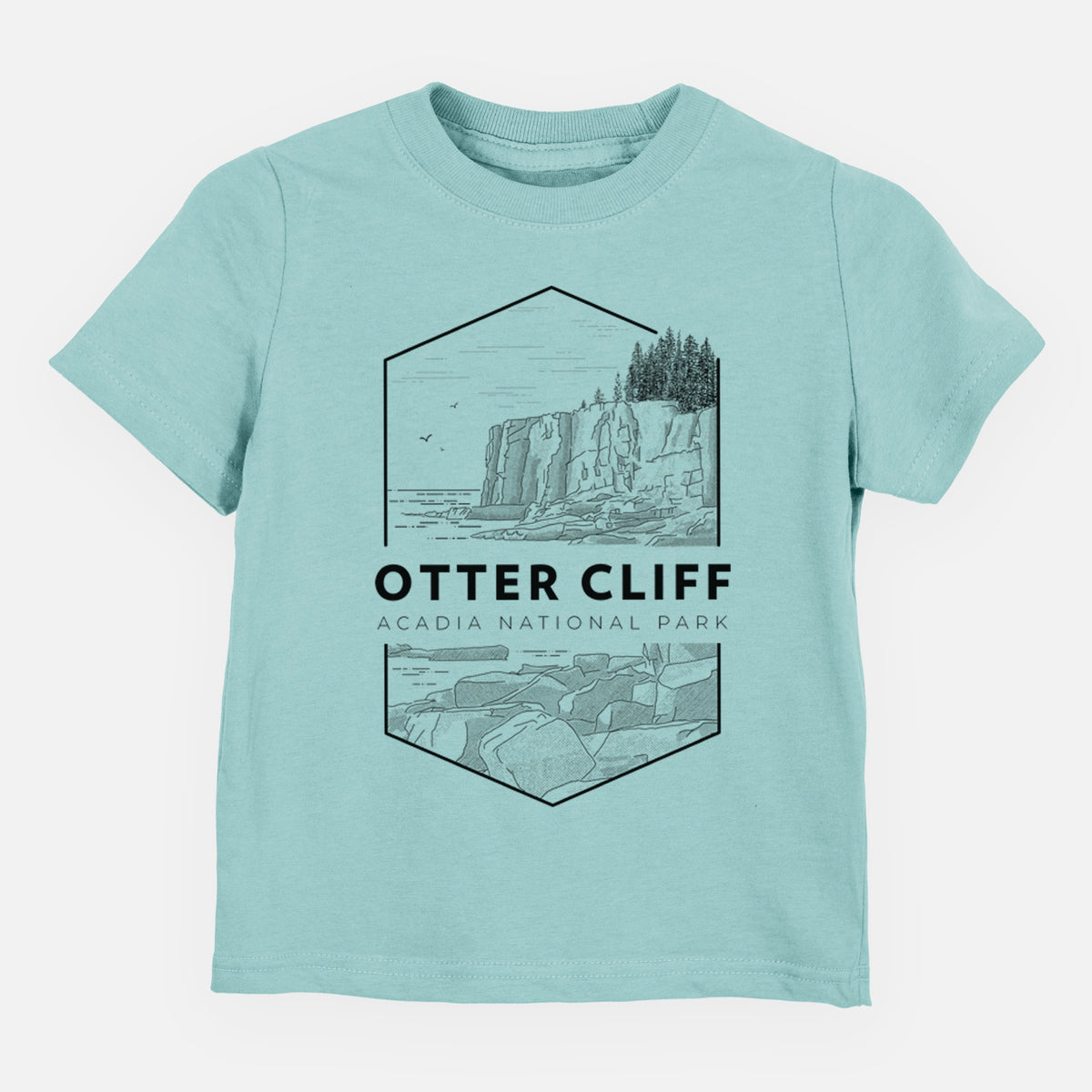 Saltwater toddler t-shirt laid flat, printed with a black line art badge of Otter Cliff above the ocean, with the words Otter Cliff, Acadia National Park.