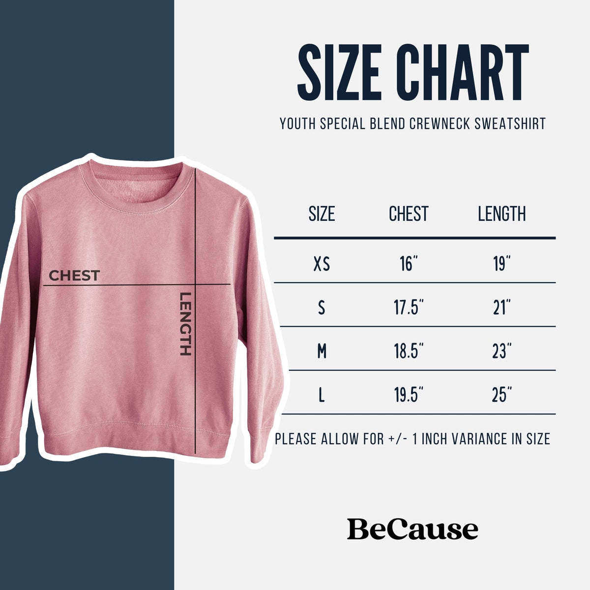 Youth crewneck sweatshirt size chart, chest measured when laid flat. Size XS, Chest 16" wide, Length 19". Size Small, Chest 17.5" wide, Length 21". Size Medium, Chest 18.5" wide, Length 23". Size Large, Chest 19.5" wide, Length 25". Allow +/- 1" variance.