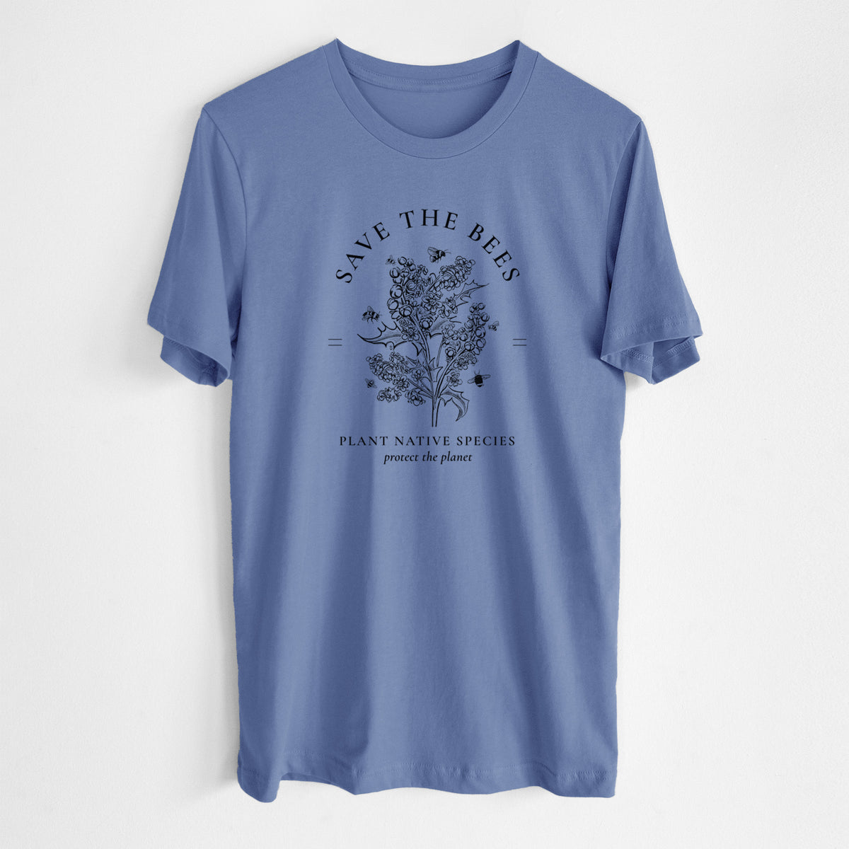 Blue bell lightweight cotton t-shirt laid flat, printed with a black ink wildflower bouquet with bees, framed by the words Save the Bees, Plant Native Species.