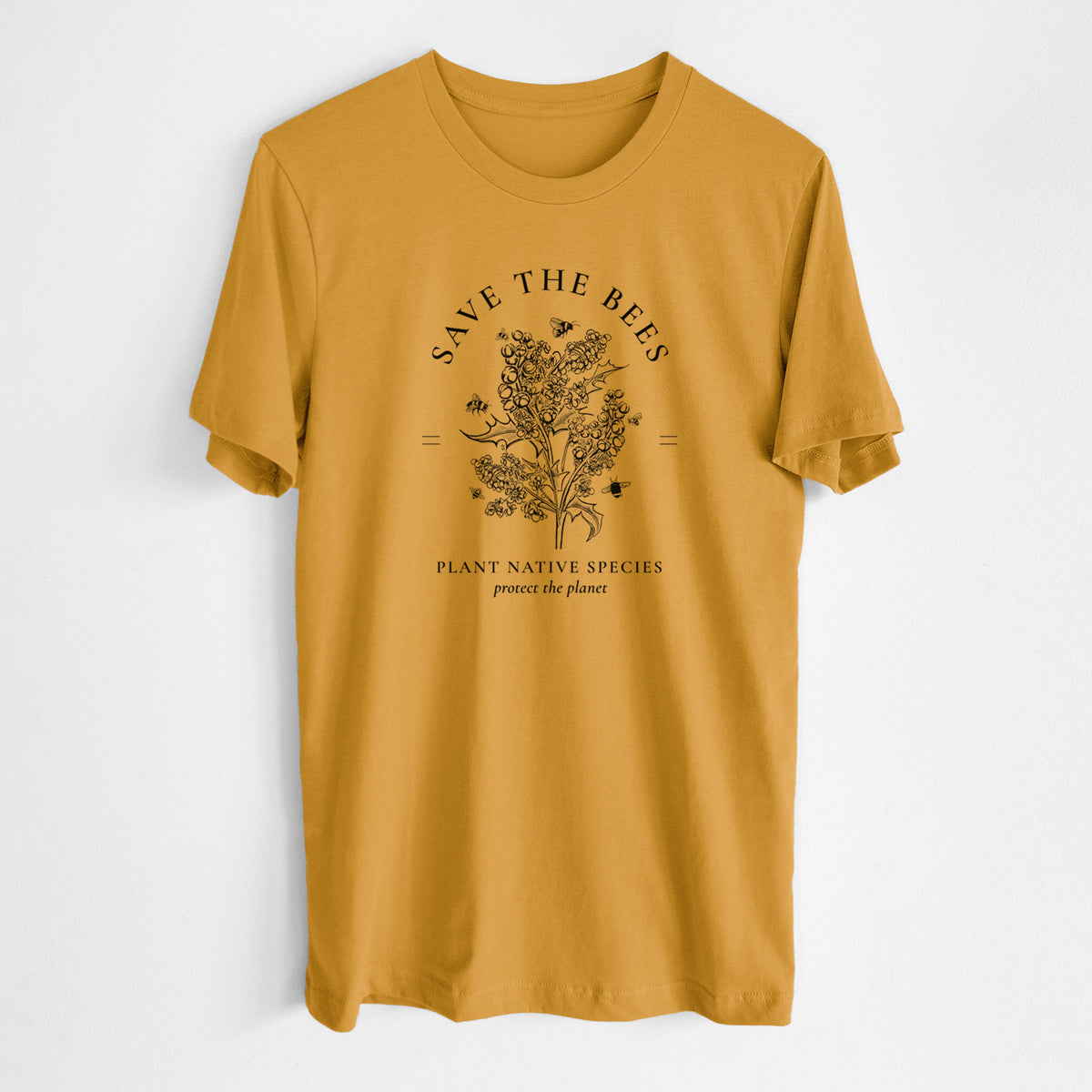 Honeycomb yellow lightweight cotton t-shirt laid flat, printed with a black ink wildflower bouquet with bees, framed by the words Save the Bees, Plant Native Species.