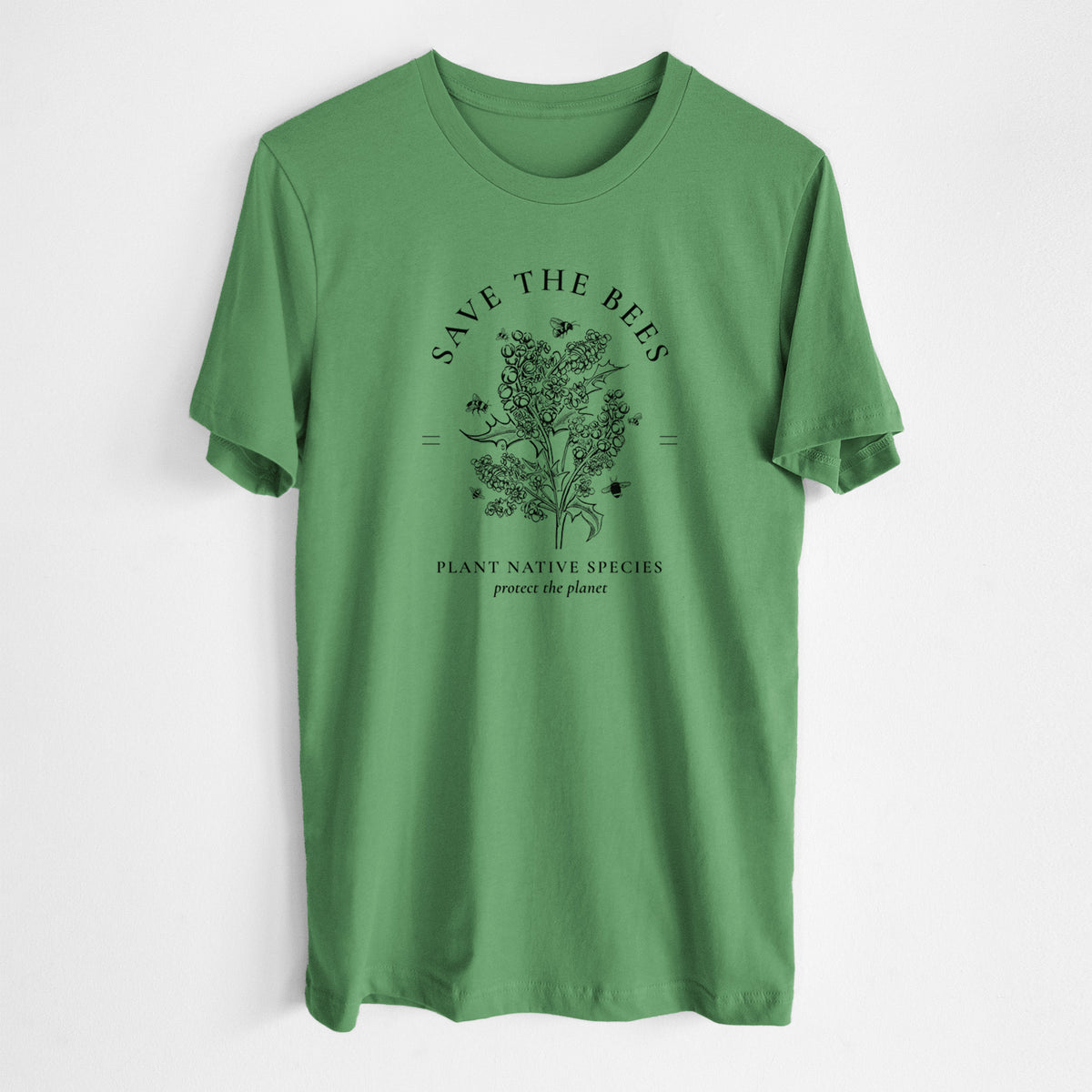 Leaf green lightweight cotton t-shirt laid flat, printed with a black ink wildflower bouquet with bees, framed by the words Save the Bees, Plant Native Species.
