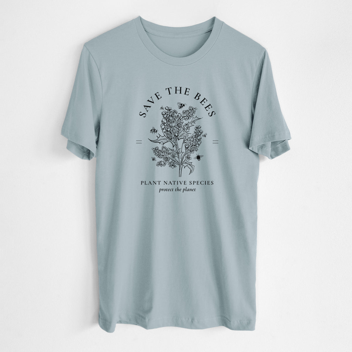 Vintage denim lightweight cotton t-shirt laid flat, printed with a black ink wildflower bouquet with bees, framed by the words Save the Bees, Plant Native Species.