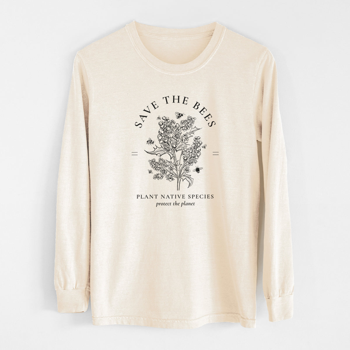 Ivory Comfort Colors long sleeve shirt laid flat, printed with a black ink wildflower bouquet with bees, framed by the words Save the Bees, Plant Native Species.