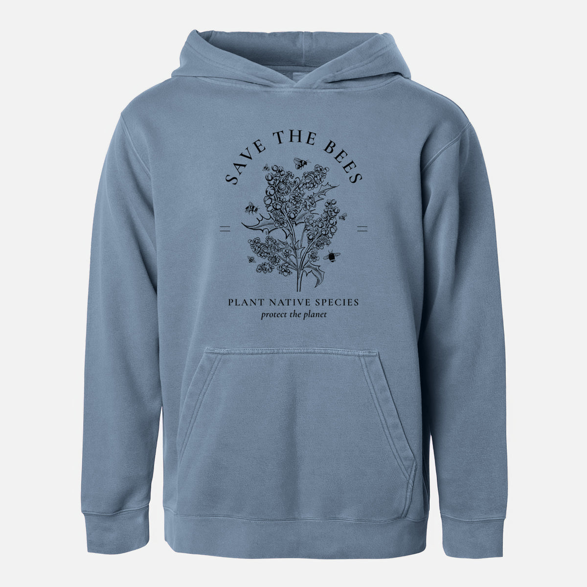 Slate blue youth pigment dyed hoodie laid flat, printed with a black ink wildflower bouquet with bees, framed by the words Save the Bees, Plant Native Species.