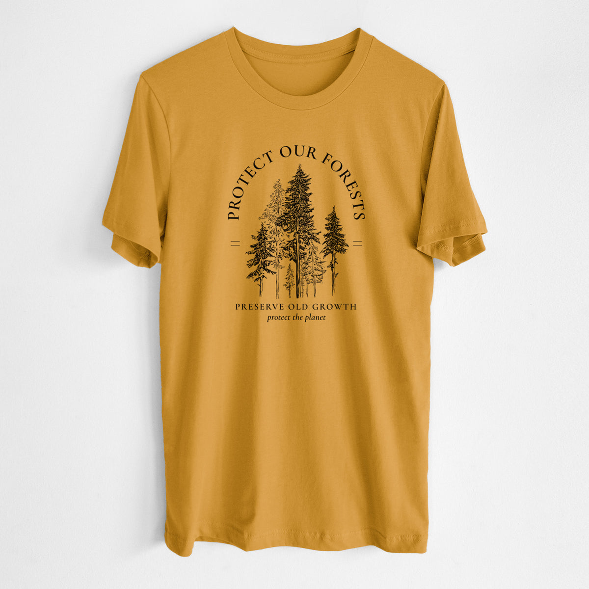 Honeycomb yellow lightweight cotton t-shirt laid flat, printed with a black ink illustration of a stand of tall pine trees, framed by the words Protect Our Forests, Preserve Old Growth.