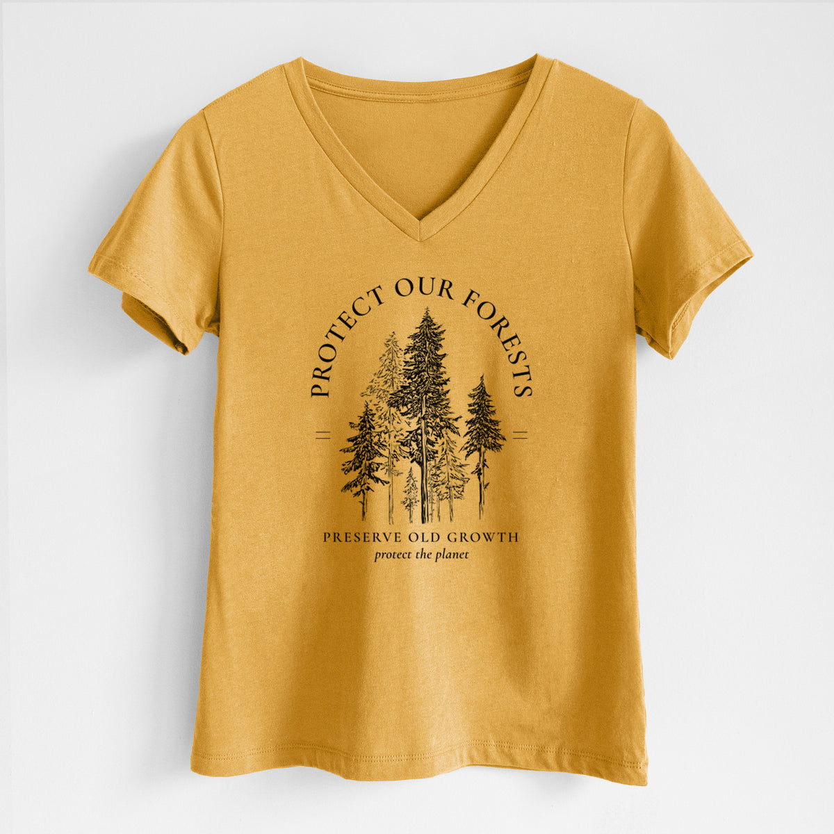 Honeycomb yellow women's relaxed fit cotton V-neck t-shirt laid flat, printed with a black ink illustration of a stand of tall pine trees, framed by the words Protect Our Forests, Preserve Old Growth.
